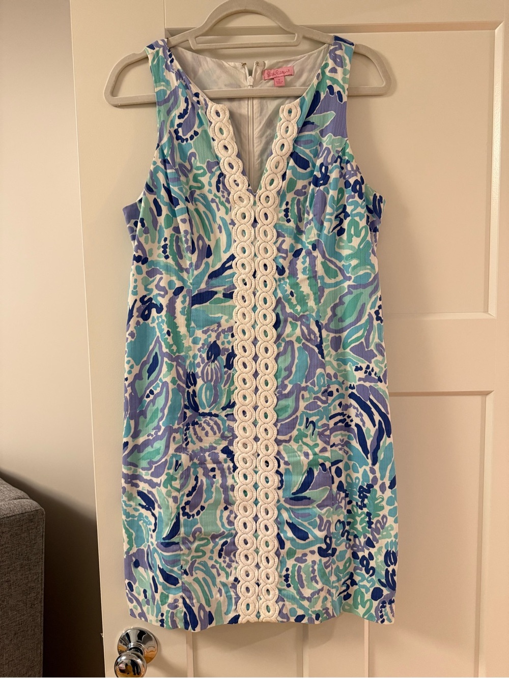 Lilly Pulitzer Aqua and Navy Floral Dress with White Lace Trim
